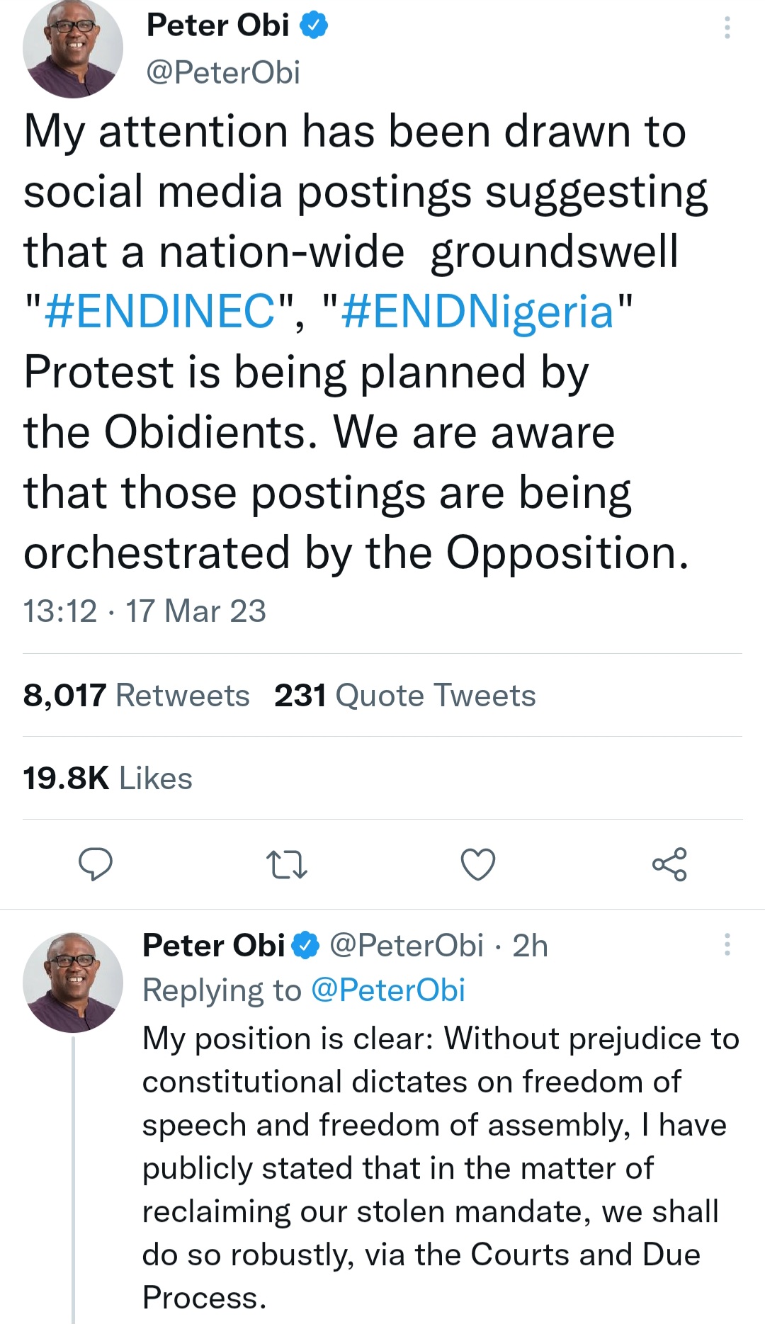 "We are aware that those postings are being orchestrated by the opposition" Peter Obi reacts to allegations Obidients are planning "EndINEC" and "EndNigeria" protest