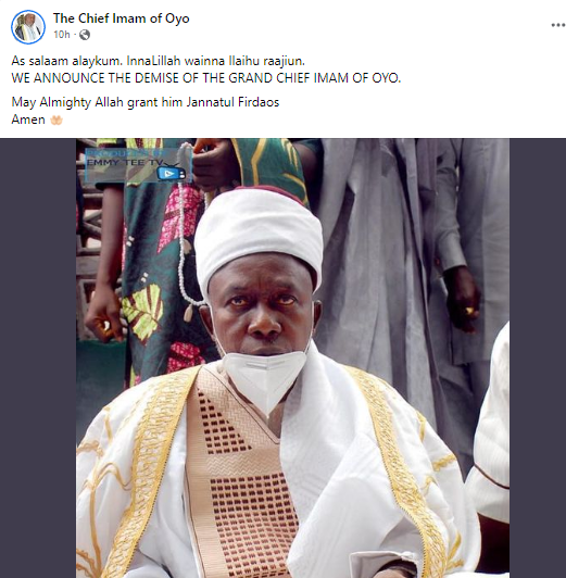 Chief Imam of Oyo, Mashood Ajokidero III, is dead