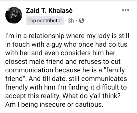 My girlfriend is still touch with a guy who once had c0itus with her and she calls him a family friend - Nigerian man says