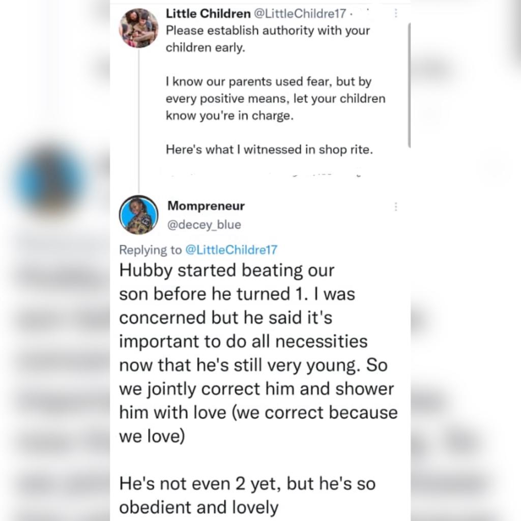 Twitter users react after a mother said she and her husband started beating their son before he turned 1 to establish authority early