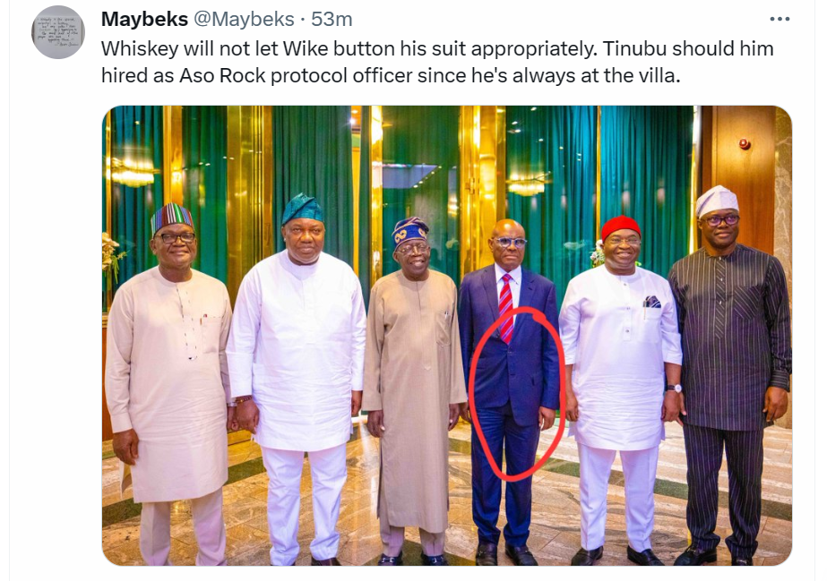 Wike trends after suffering a wardrobe malfunction during a visit to Aso Rock