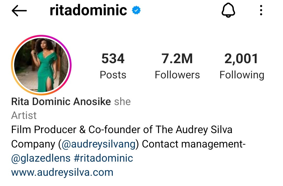 Rita Dominic updates her Instagram bio with her new surname after marrying Fidelis Anosike