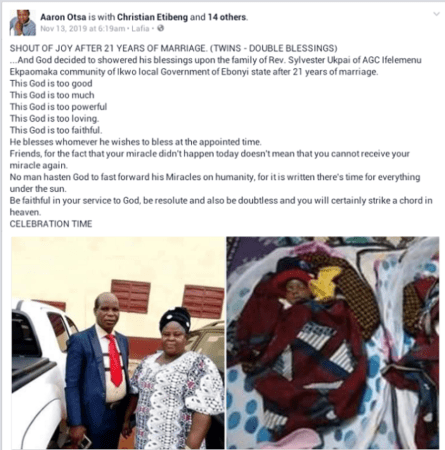 Endless Celebration As Nigerian Pastor and Wife Welcome a Set of Twins after 21 Years of Marriage [Photos]