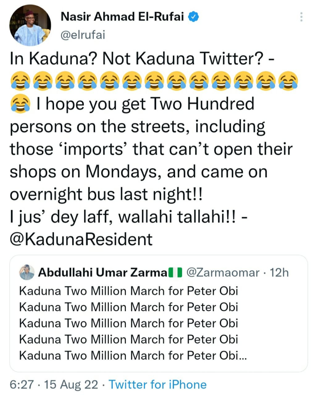  ?I hope you get 200?- Gov Nasir El-Rufai mocks Peter Obi?s supporters over plans to hold two-million-man march in Kaduna