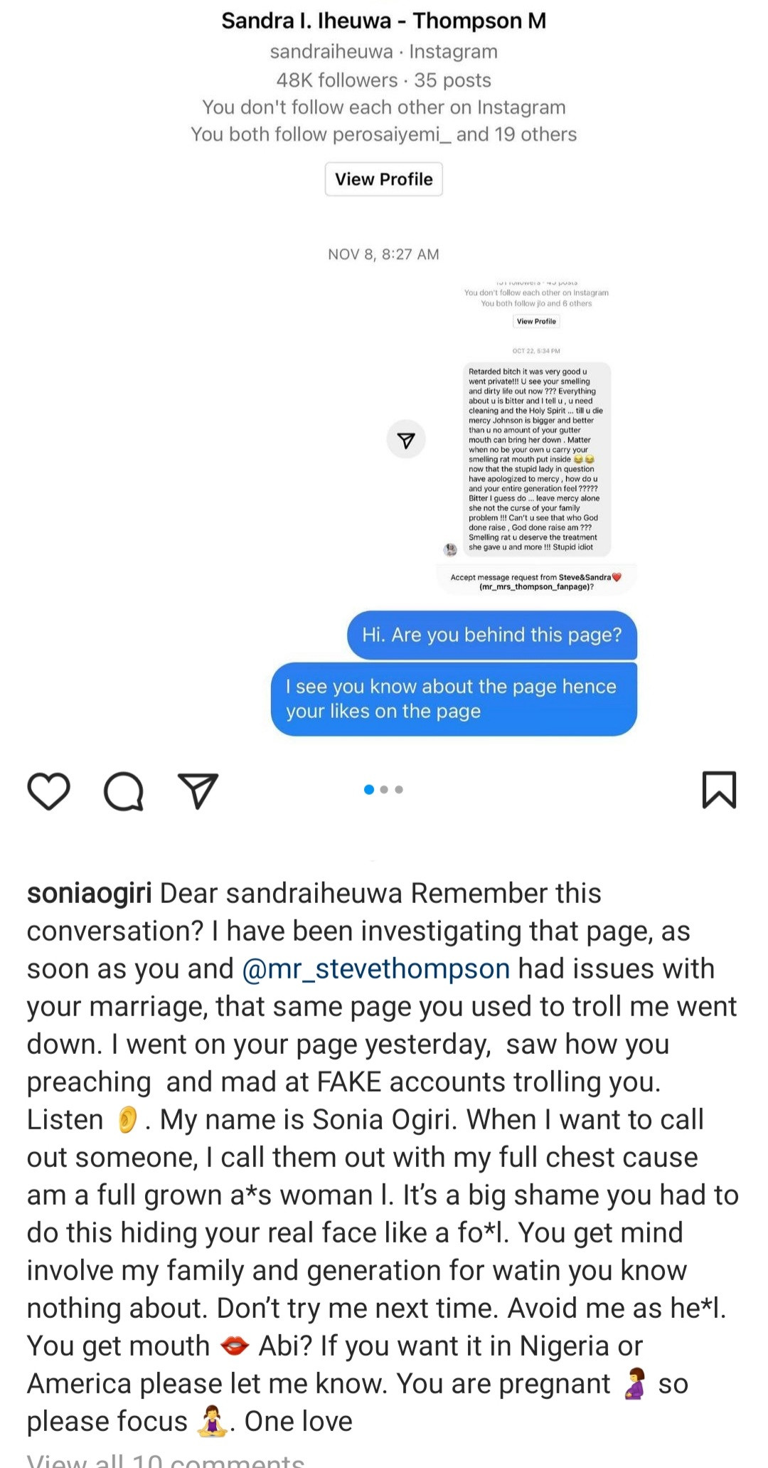Actress, Sonia Ogiri confronts Sandra Iheuwa as she claims her investigations showed she