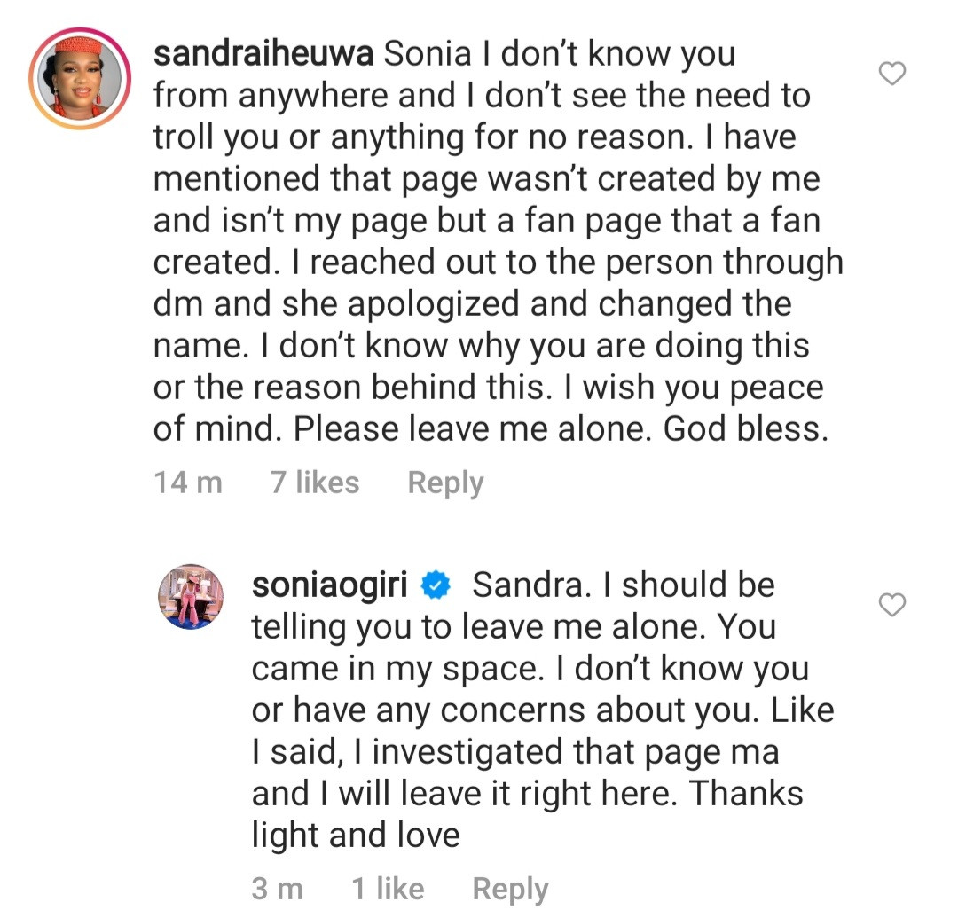 Actress, Sonia Ogiri confronts Sandra Iheuwa as she claims her investigations showed she's behind a fan account used to troll her sandra responds class=