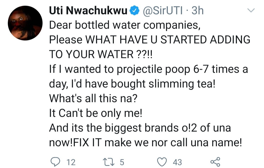 Uti Nwachukwu expresses concern about bottled water sold in Nigeria after suffering diarrhoea when he consumed two "big brands"