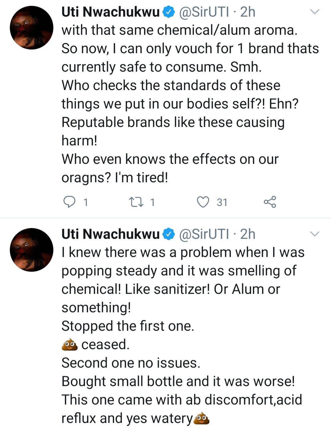 Uti Nwachukwu expresses concern about bottled water sold in Nigeria after suffering diarrhoea when he consumed two "big brands"