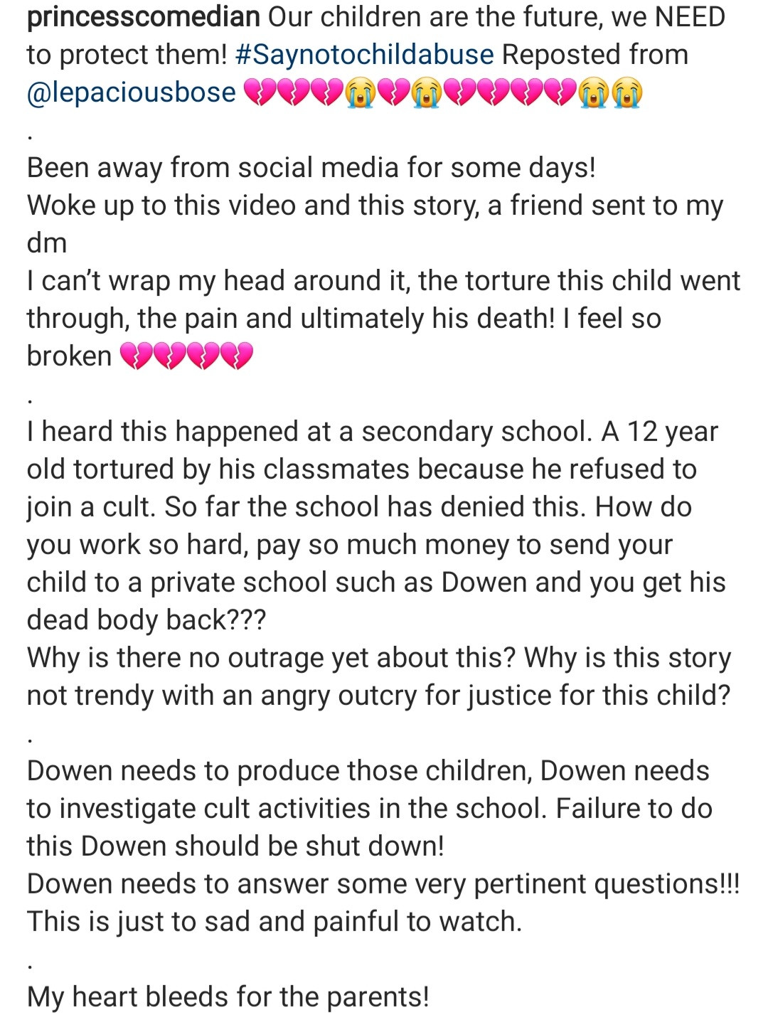 Mercy Johnson, Princess,  Lepacious Bose, Jaywon and other celebrities demand justice for Sylvester Oromini and accountability from the school involved 
