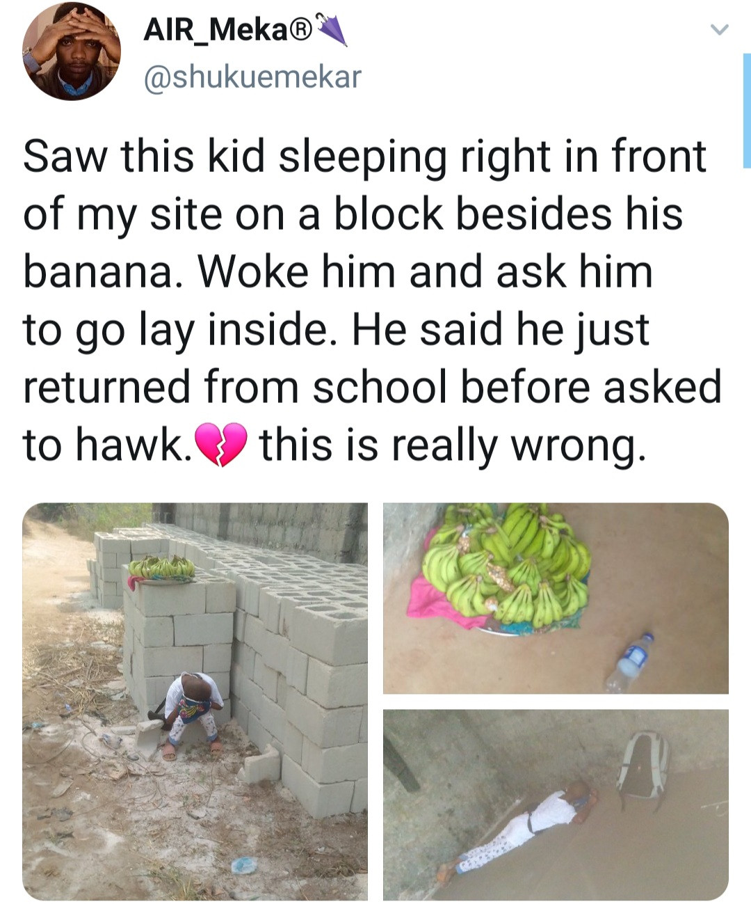 Child found sleeping in the streets after being made to hawk bananas upon his return from school