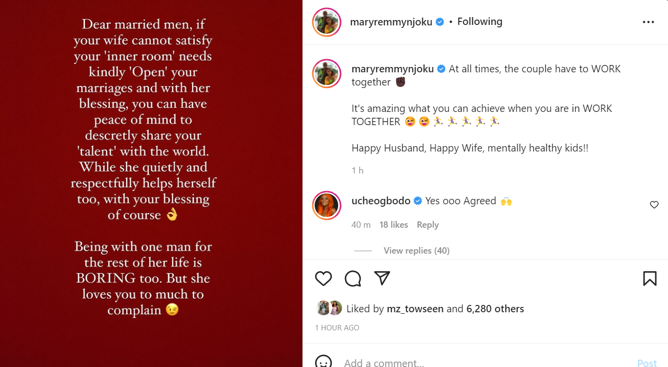 Being with one man for life is boring - Mary Remmy Njoku tells men who are not satisfied with their wives to push for open marriage so both parties can enjoy the 
