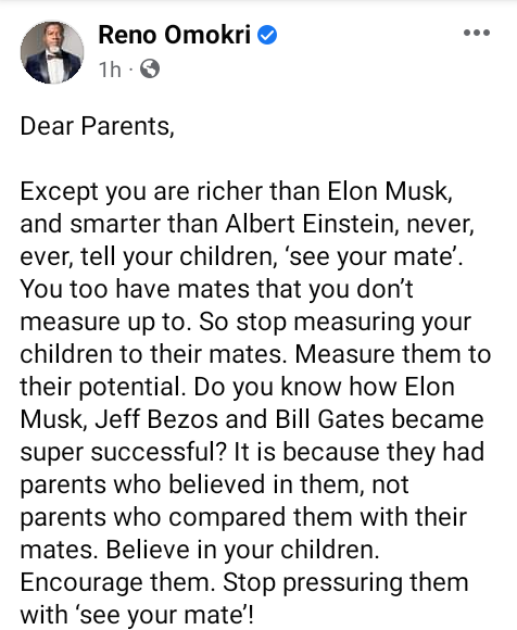 Except you are richer than Elon Musk and smarter than Albert Einstein, never ever tell your children, ‘see your mate’ - Reno Omokri advises parents