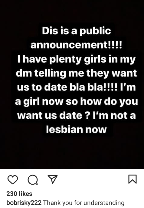 Bobrisky tells girls who want to date him