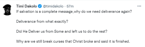 If salvation is a complete message, why do we need deliverance again?- singer Timi Dakolo poses an interesting question to Christians