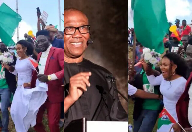 Labour Party’s Presidential Candidate, Peter Obi, Commends Newly Married Couple’s Attendance at Abuja Obidient Rally Straight From Their Wedding [Video]