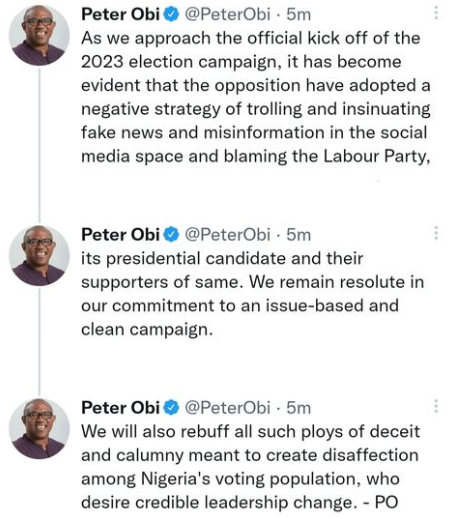 Peter Obi accuses opposition parties of using his name, party name and supporters to troll and spread fake news