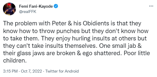 Poor little children - FFK tackles Peter Obi supporters
