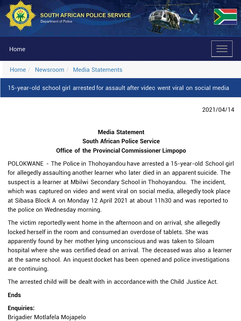 Update: South African Police arrest 15-year-old school girl for assaulting pupil who later committed suicide