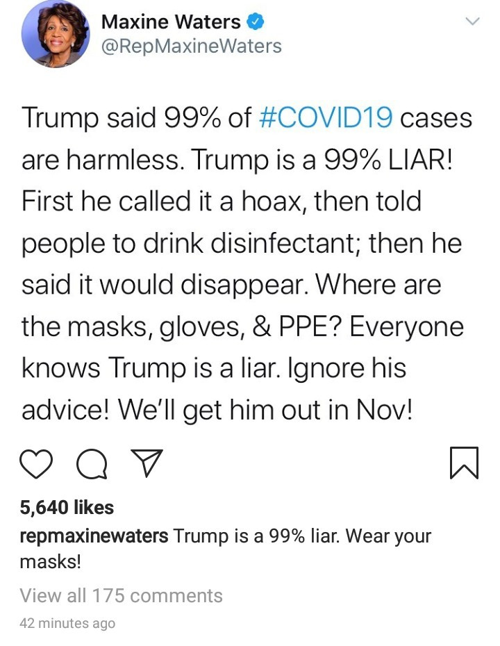 "Trump is a 99% LIAR" - Rep Maxine Waters slams the US president for his comments on COVID-19 being "harmless"