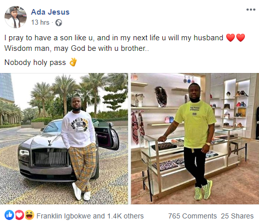 "A Nigerian woman expresses her admiration for Hushpuppi, saying she wishes to have a son like him