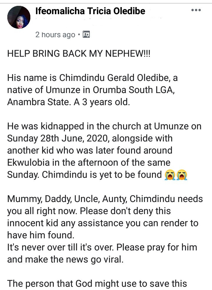 3-year-old boy kidnapped from church in Anambra state