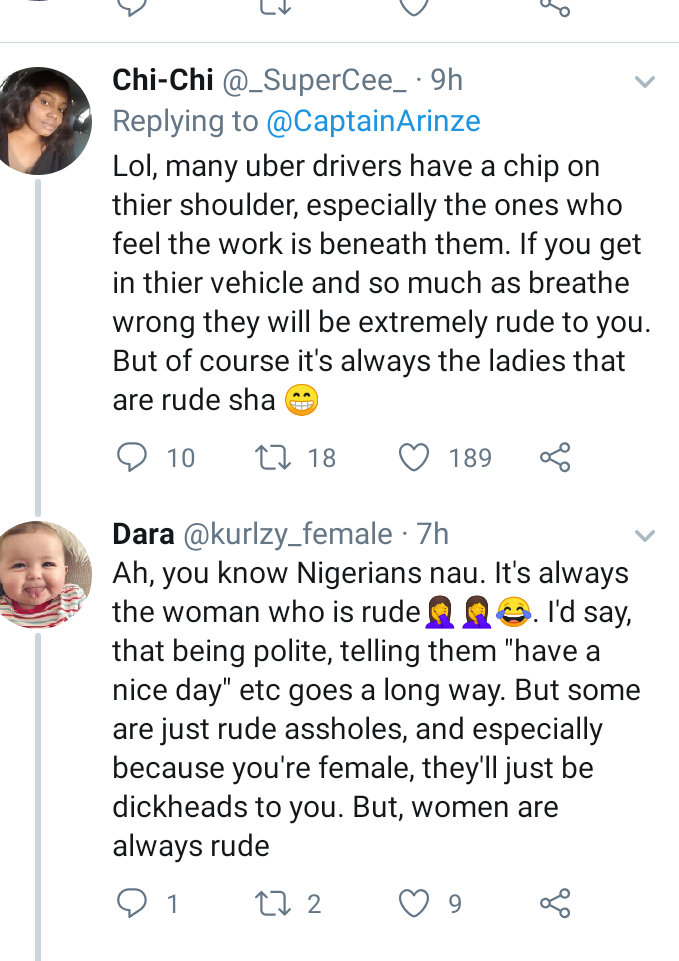 Man starts gender war after he tweets cringe at how some ladies talk to uber drivers.you can be polite and nice. it doesn cost much