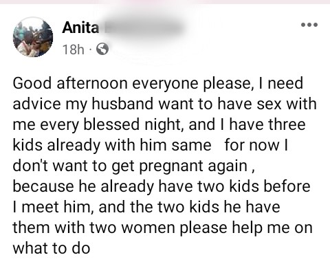 "My husband wants to have s@x with me every blessed night" - Nigerian woman cries out for help