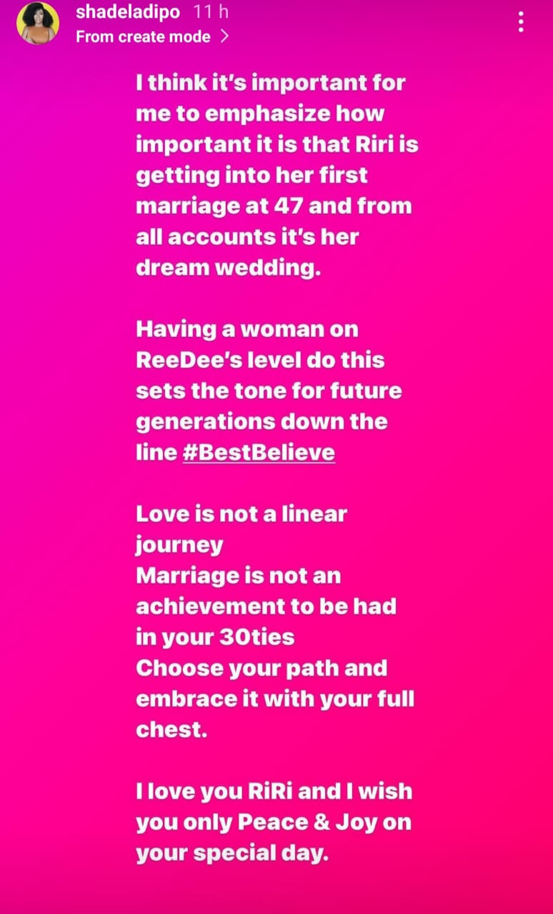 Marriage is not an achievement to be had in your 30s - Media personality Shade Ladipo writes as she celebrates Rita Dominic getting married at 47