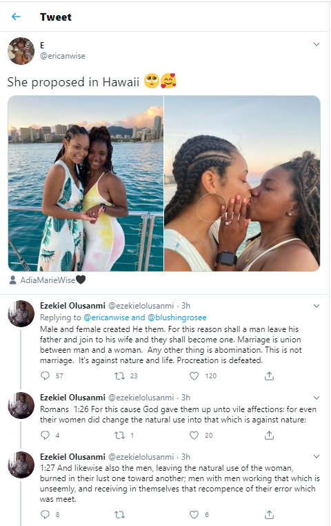Nigerian man quotes Bible verses as he condemns two African American women who recently got engaged in Hawaii (Photos)