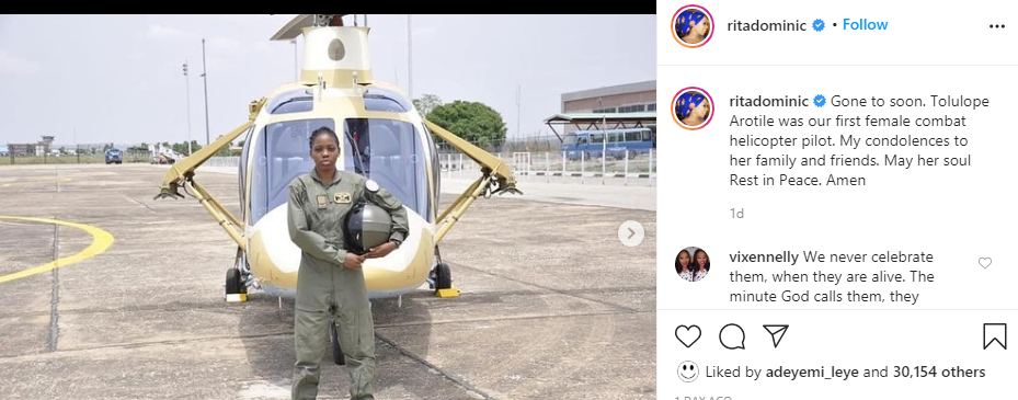 Rita Dominic replies follower who had issues with her not celebrating Nigeria's first female combat helicopter pilot tolulope arotile when she was alive