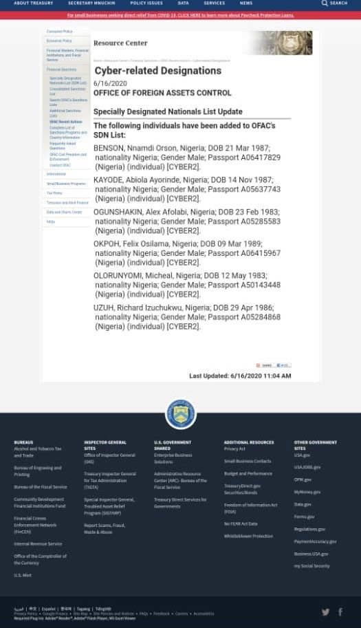 The US imposes sanctions on 6 Nigerian cyber thieves accused of stealing $6M from US businesses and individuals
