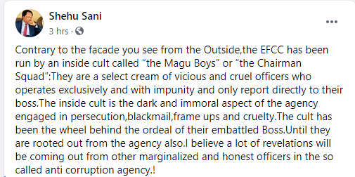  "EFCC is being run by an inside cult called the Magu Boys