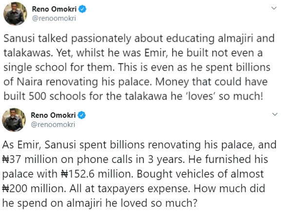 'Sanusi’s Passionate Talk About Educating Almajiri Contradicts His Lack of Schools as Emir,’ Says Reno Omokri