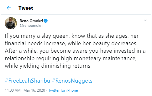“`html
'According to Reno Omokri, if you marry a slay queen, you should be aware that as she ages, her financial needs increase while her beauty decreases'