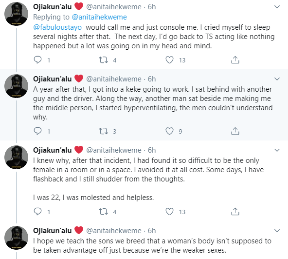 Twitter user recounts how one-chance operators took turns to molest her