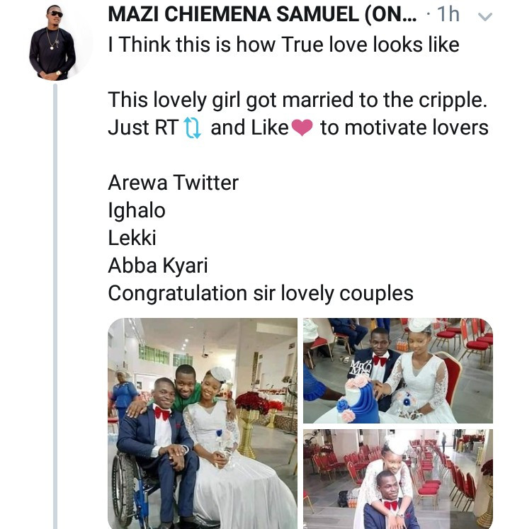 "True love" Twitter users react to the marriage of a woman and a man in a wheelchair in Lagos