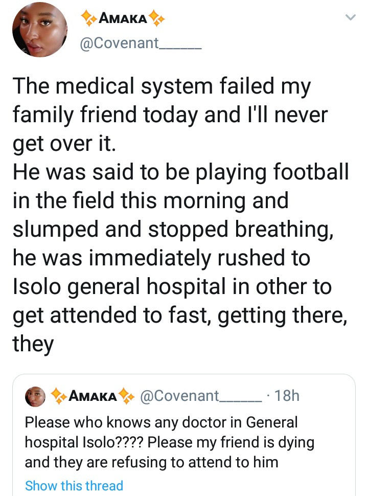 Clinical dietician narrates how her family friend slumped while playing football and eventually died due to the alleged negligence of health professionals