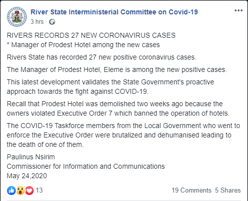 Manager of demolished hotel among 27 new cases of Coronavirus  ? Rivers government