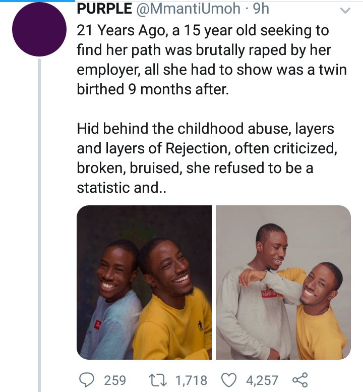 Mental health consultant narrates how she had her twin sons after being raped by her boss at 15; one of the twins replies