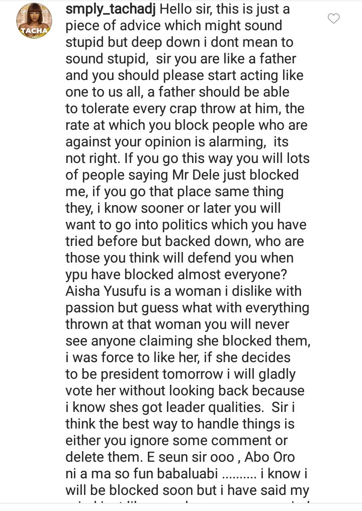 Dele Momodu responds as Instagram user cautions him about easily blocking people with dissenting views 