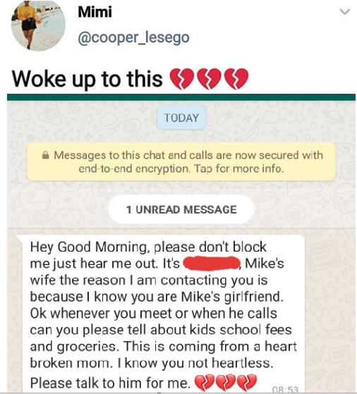 Sidechic receives heartbreaking message from her sugar daddy's wife