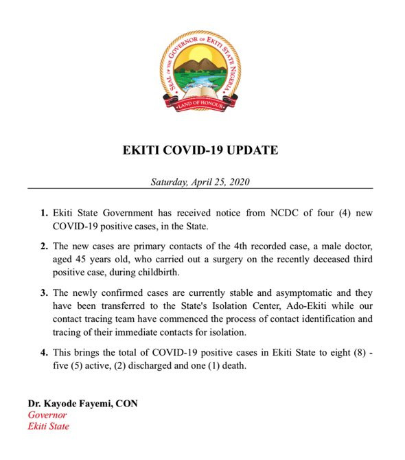 4 new cases of Coronavirus confirmed in Ekiti state 