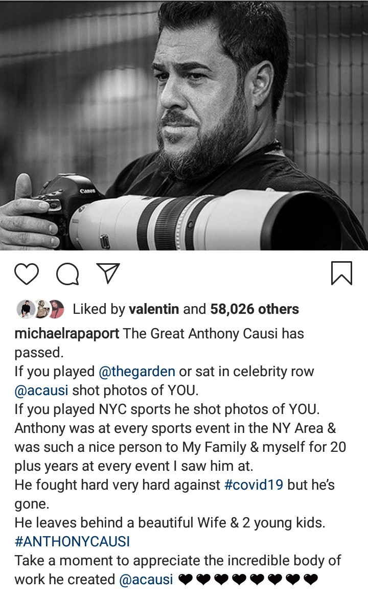 Popular sports photographer, Anthony Causi dies of Coronavirus at age 48. See his last post from his sick bed