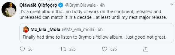 Brymo responds to follower who said his album is "not great"
