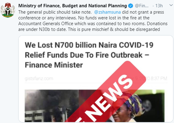 No money was burnt in the fire outbreak at the Accountant General's office- ministry of finance says