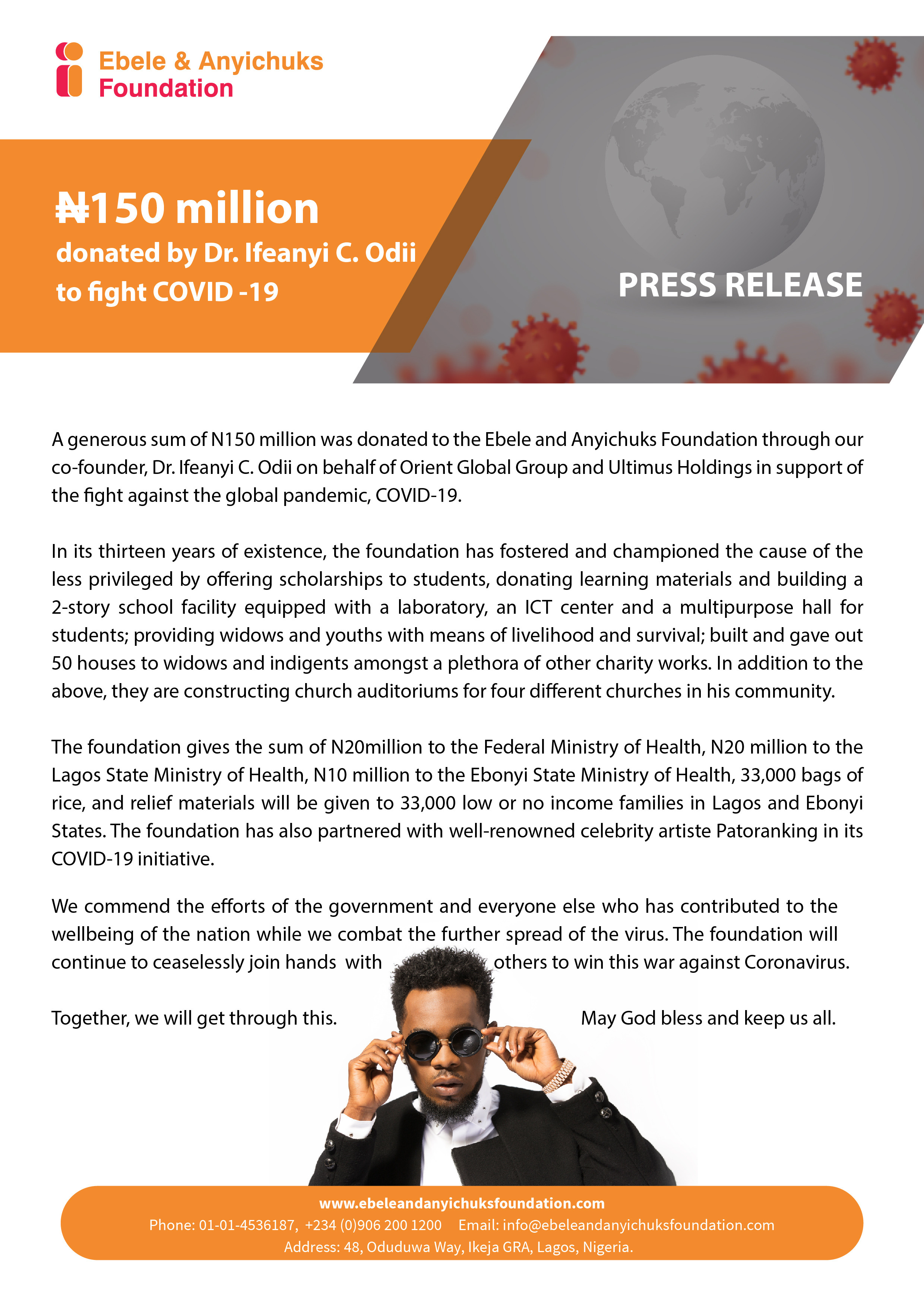 Ebele And Anyichuks Foundation Partners with Patoranking in its COVID-19 initiative