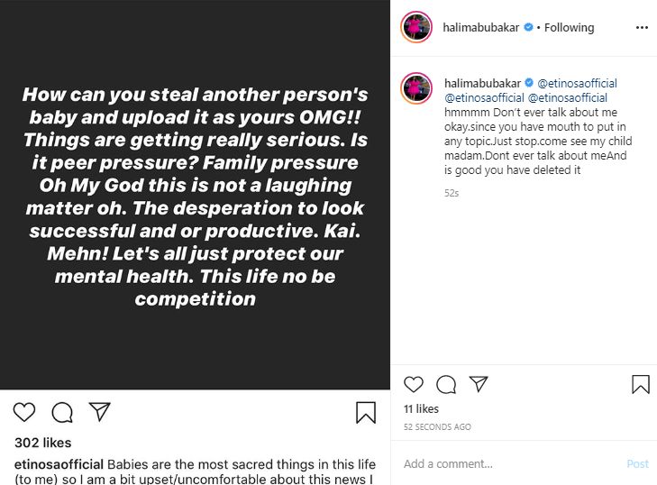 Etinosa Idemudia criticizes Halima Abubakar for using another woman's baby's photo as hers; Halima hits back with a stern warning