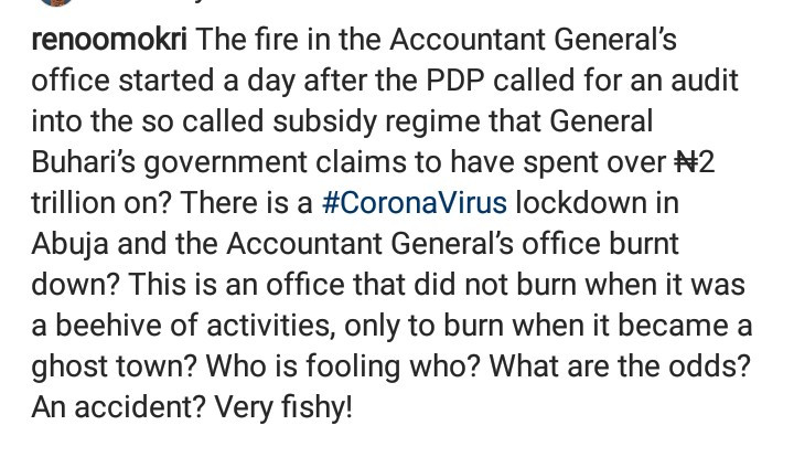 "The Timing is Suspicious" Reno Omokri Comments on Fire at Accountant General