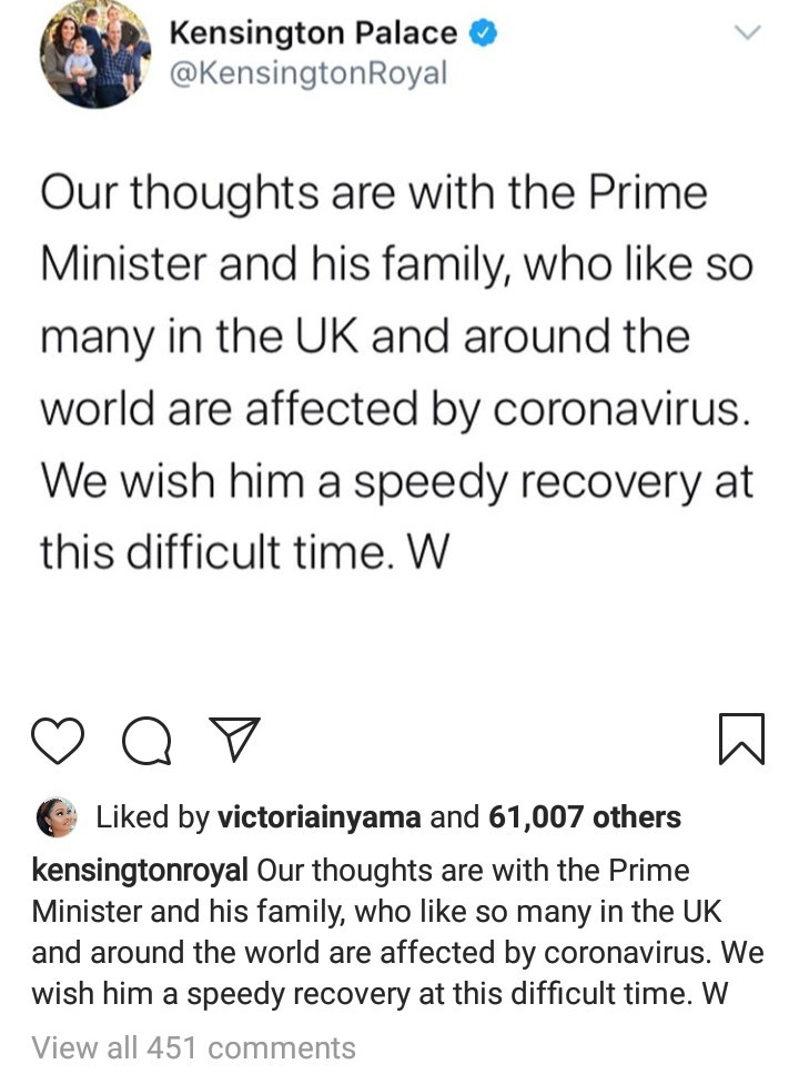 Prince William and Kate Middleton send well wishes to Boris Johnson as he