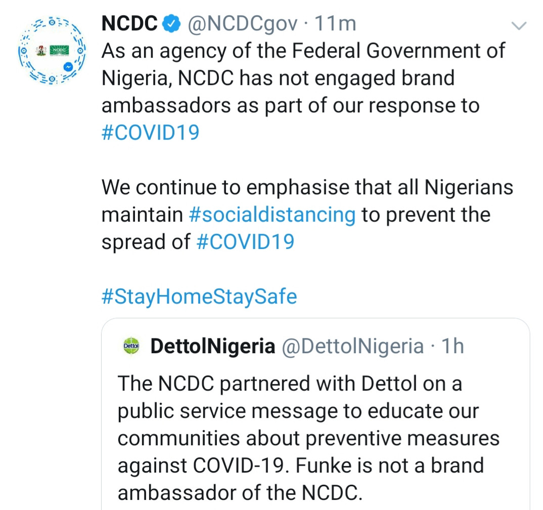 NCDC, Dettol react to Funke Akindele's arrest...